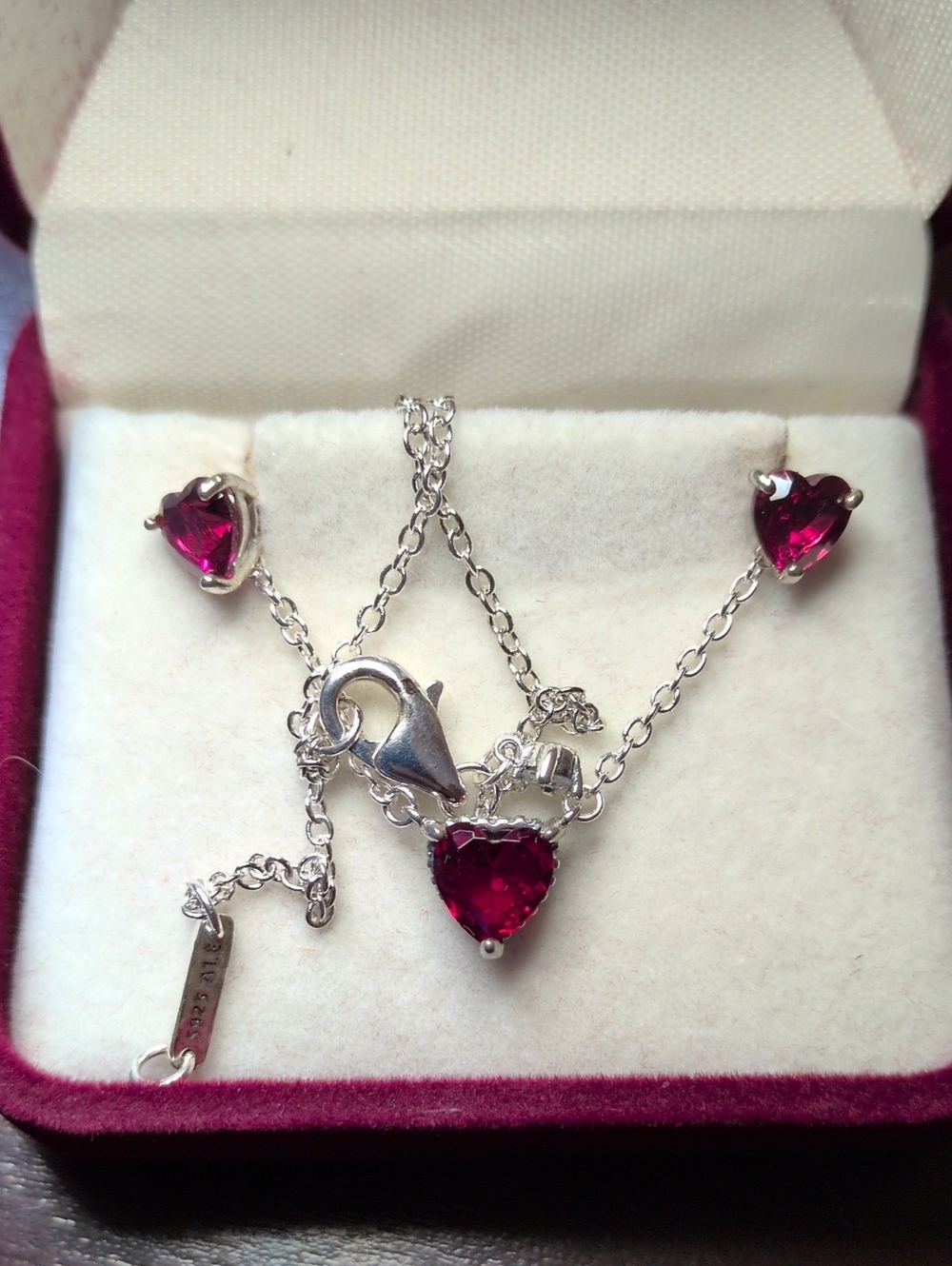 Pandora Silver Necklace and Earrings 925 ALE with Red Heart Stones